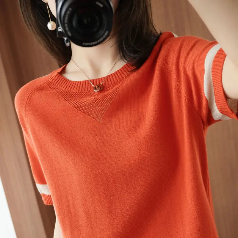

Loose and Thin [80-200kg] Ice Thin Knitted Short Sleeve Top Pullover 2021 Summer New