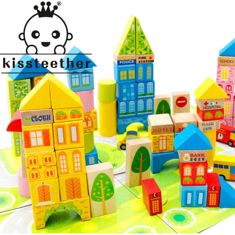 Kisteether New Children's Building Block Family House Toy 100Pieces Of Barreled City Traffic Three-In-One Large Wooden Toy Gift