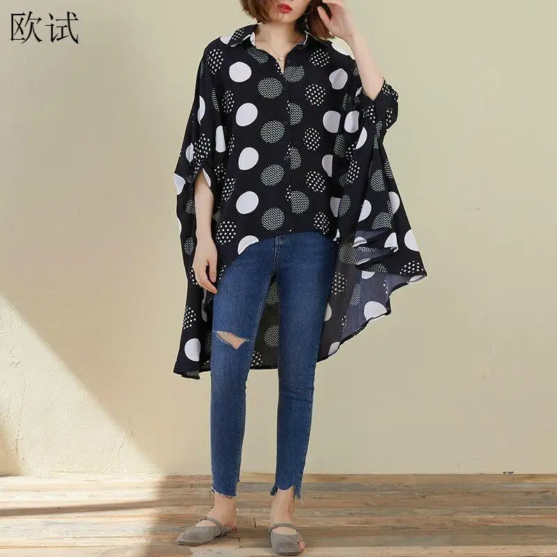 Шифоновая Асимметричная блузка в горошек размера плюс женская большого 2020