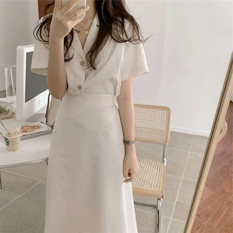 Office Lady Commute Skirt Two Piece Women Set Short Sleeve Single Breasted Turn Down Collar Top and High Waist A-line Skirt Suit