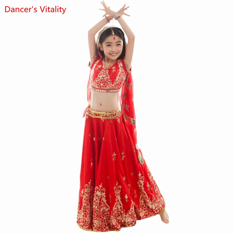 

Indian Dance Women Dress Children's Lengha Embroidered 4-piece Saree Belly Dance Stage Competition Performance Costumes