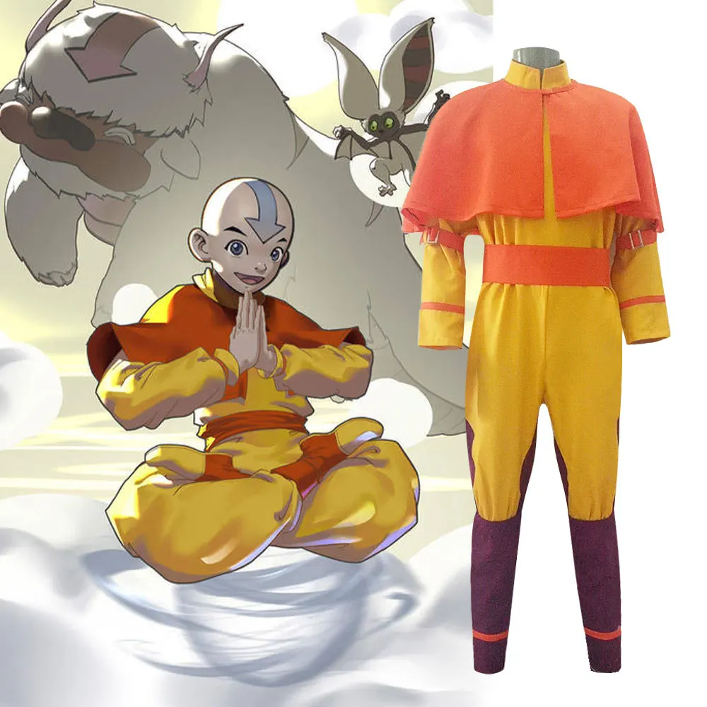 

Top Cloak Pants Accessories Set Carnival Wear Avatar: The Last Airbender Cosplay Costume Aang Orange Suit for Adult Halloween