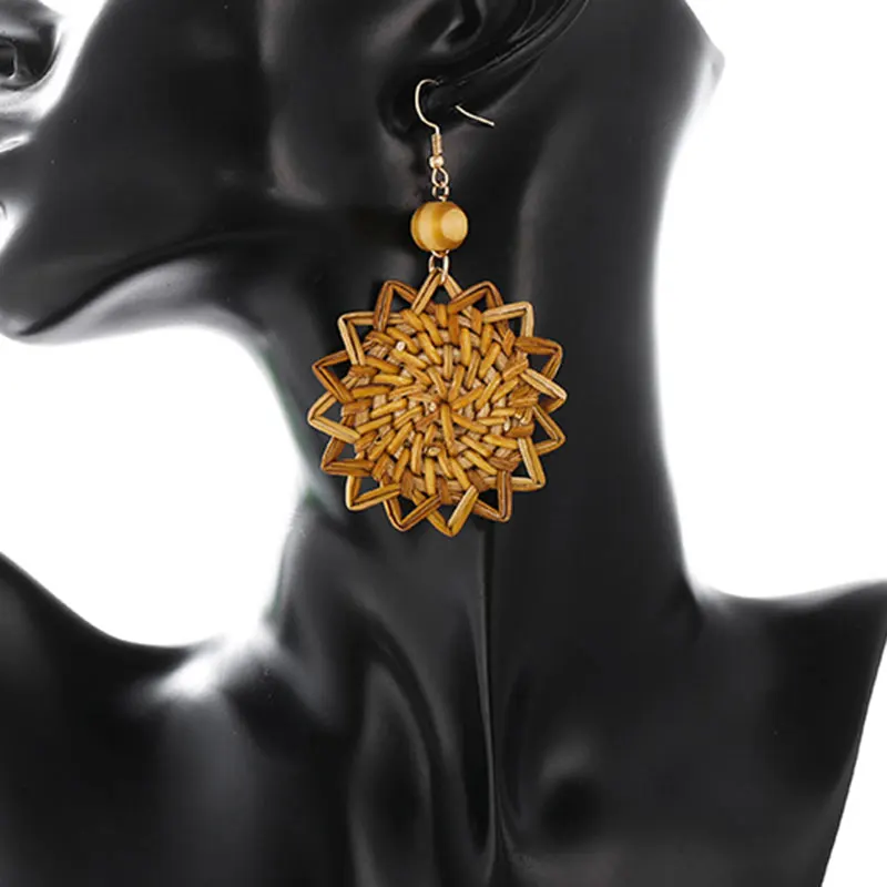 

Bohemia Rattan Knit Earrings Rectro Creative Triangle/Sun Flower Earings for Women Alloy Hook Unique Fashion Jewelry Gift 1Pair