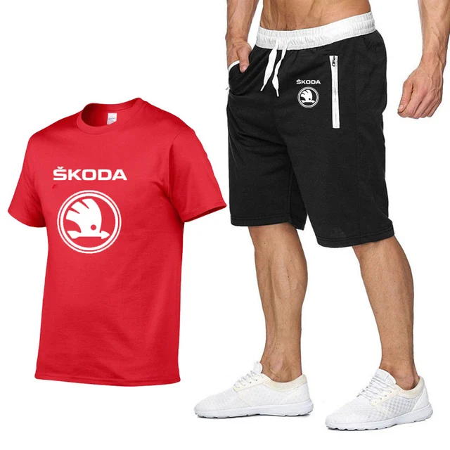 

Summer Mens Short Sleeve Suit Skoda Car Logo Mens T-Shirt Harajuku Hip Hop High Quality Cotton T Shirts Shorts Suit Sportswear