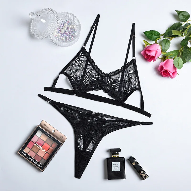 

Кружевное нижнее белье, черный бюстгальтер пуш-ап и трусики, комплект для женщин, прозрачное сексуальное прозрачное нижнее белье из двух пр...