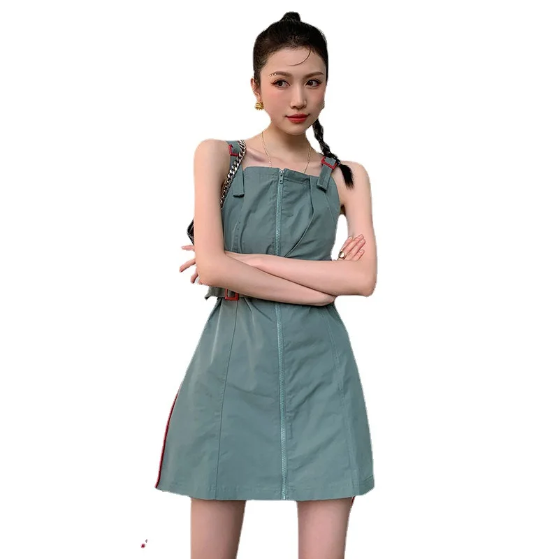 

2021 summer new retro street design sense fashion personality tooling skirt waist slim sling dress women
