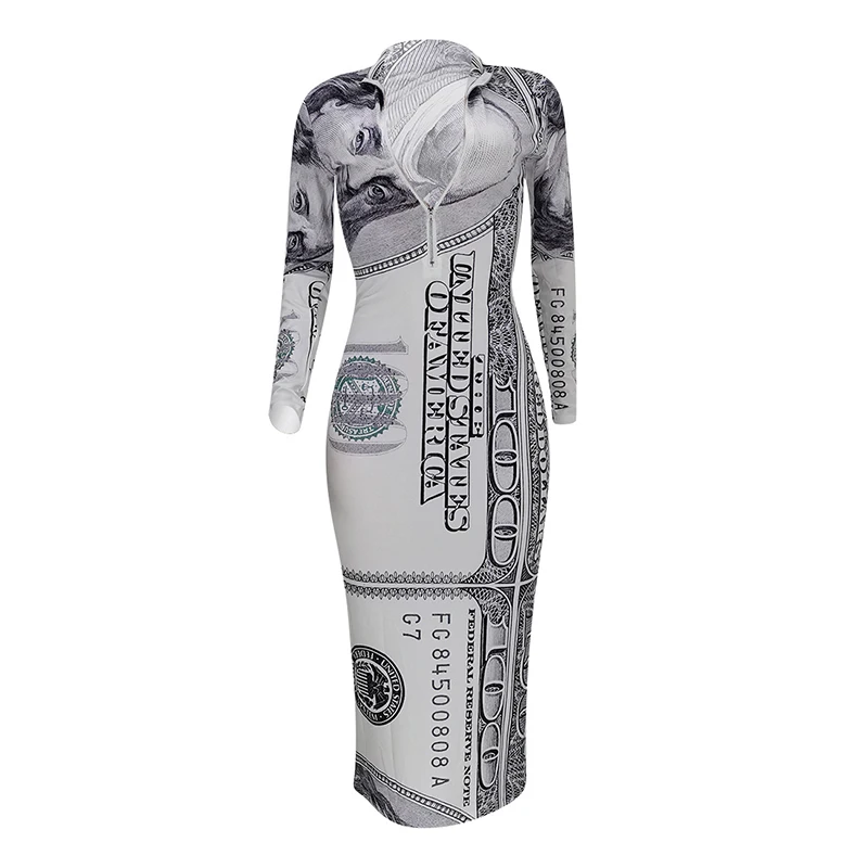 

Sexy Dollar Print Maxi Dress Long Sleeve Zip Birthday Outfits for Women 2021 Summer Clothes Bodycon Night Club Dresses