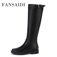 fansaidi winter high heels pure color flats knee high boots buckle zipper ladies boots plus size 43 44