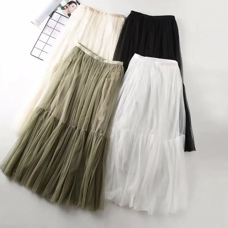 Длинная сетчатая многоярусная юбка Офисная винтажная с оборками Пляжная для