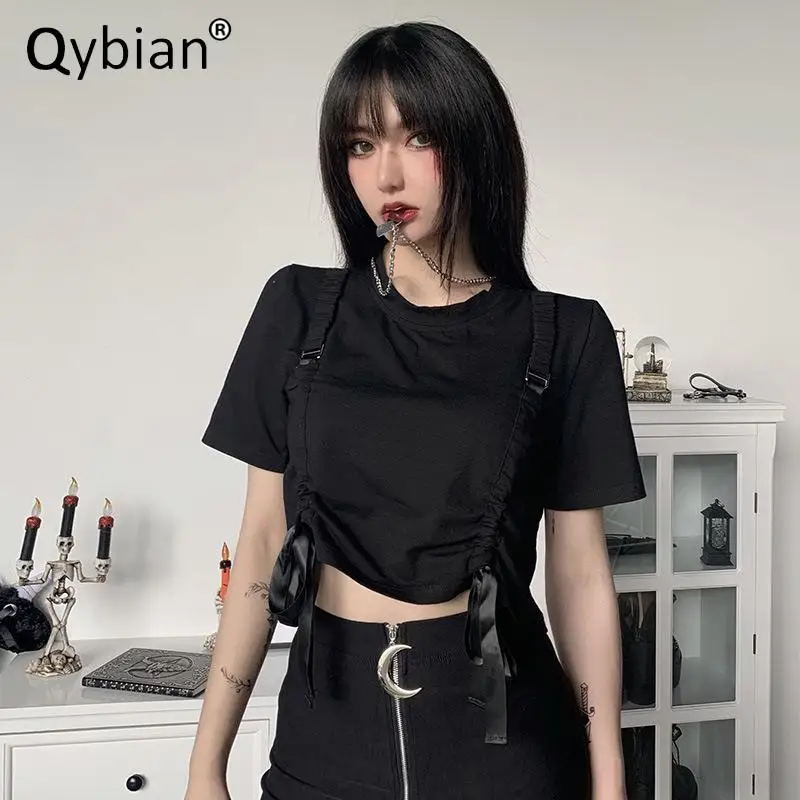 

Street Style Punk Crop Top Fold Drawstring T Shirt Tee Shirt Femme Sexy Fashion Gothic T Shirts Free Shiping