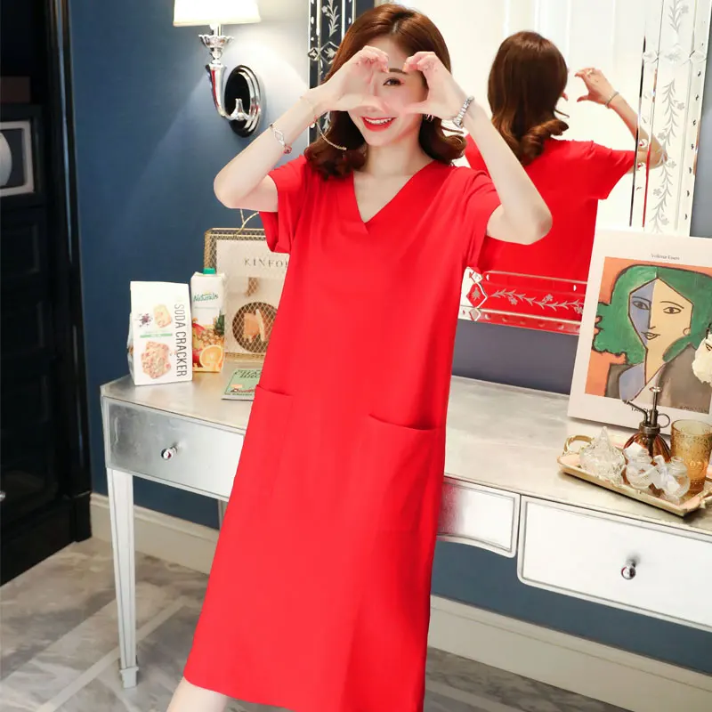 

#4240 Summer Black Red T Shirt Dress Women Short Sleeves Loose V Neck Cotton Straight Casual Plus Size T-shirt Dress Pockets