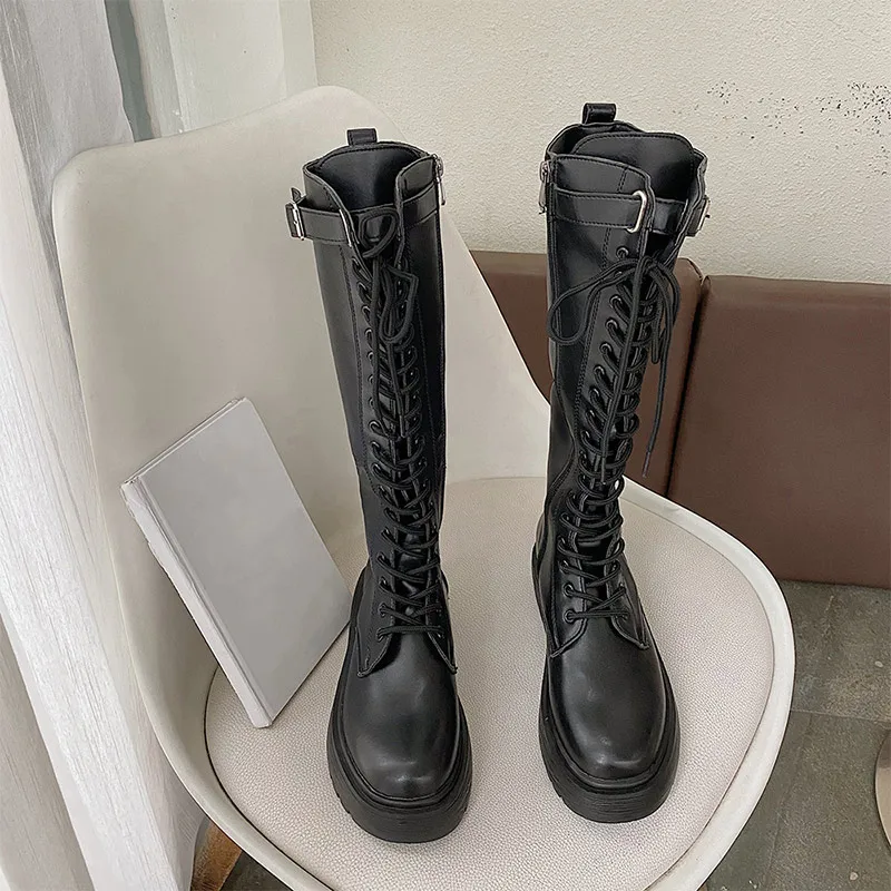 

New Women Platform Shoes Solid Color Lace Up Female Boots Thigh High Boot Thick Heels Zipper Ladies Fashion Shoe Comfortable