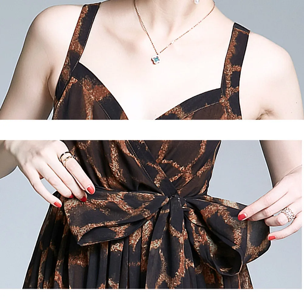 

2020 New Summer Runway Dress Women Fashion Vestidos Elegant Sleeveless Vintage Leopard Print Sexy Strap Long Chiffon Dress