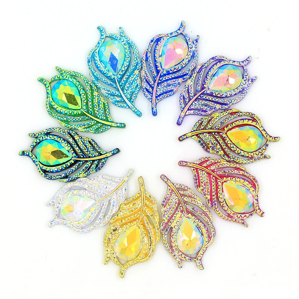10 шт листьев перо усеяны искусственными драгоценными камнями; Flatback стразы пришить Стразы DIY Handsewing Смола Камни применяется на одежде 20x38 мм
