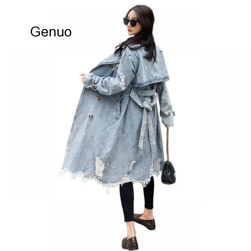 Тренчкот женский из денима модная ветровка с длинным рукавом длинное Свободное