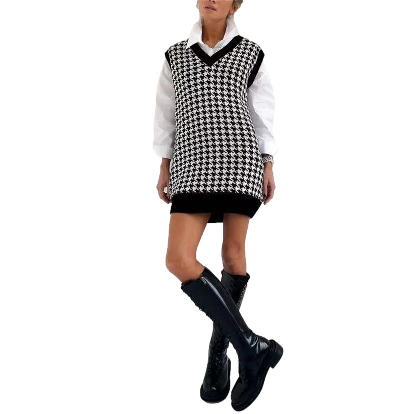 

hirigin New Fashion Female Knitted Sweater Vest Houndstooth Print V-Neck Sleeveless Knitwear Waistcoat for Women Autumn