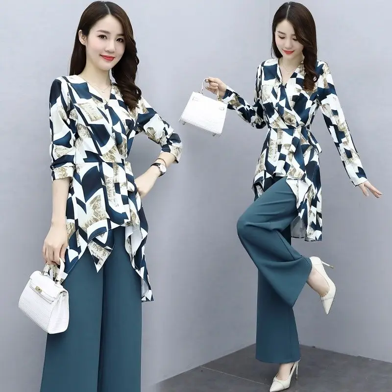 

Женский костюм на весну и осень, брючные костюмы, женская одежда, модные элегантные топы с асимметричным подолом и широкие брюки с принтом, 2 ...