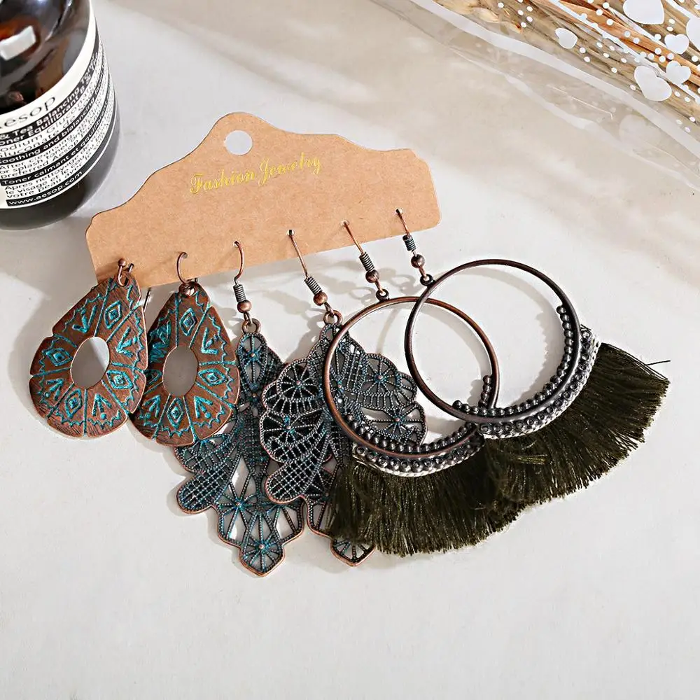 Серьги-подвески в этническом ретро-стиле набор из 3 предметов богемный