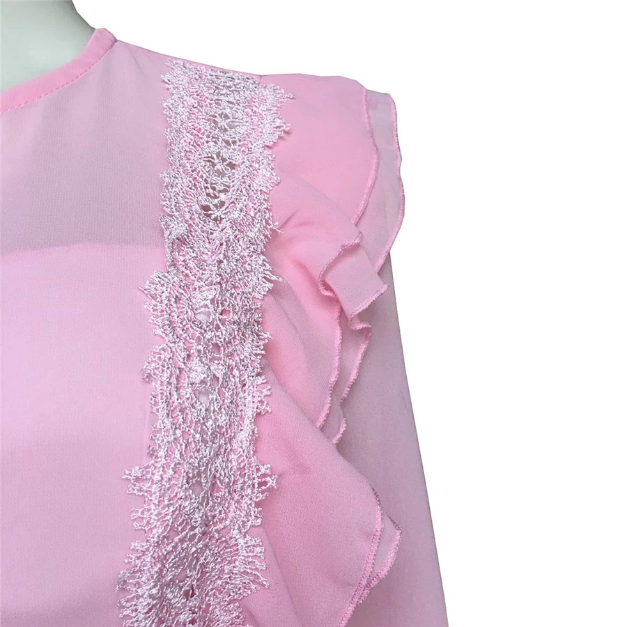 GuyuEra African Dresses For Women's Round Neck Ruffled With Lace Small Lace Round Neck Waist Long Sleeve Loose Hem Dress