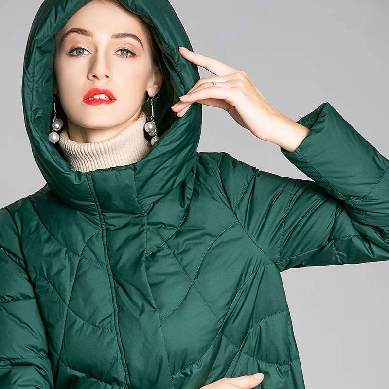 Jackets Women Long Green Hooded White Duck Down Warm Loose Argyle Coats Black Pockets Zipper Female Clothing WH361