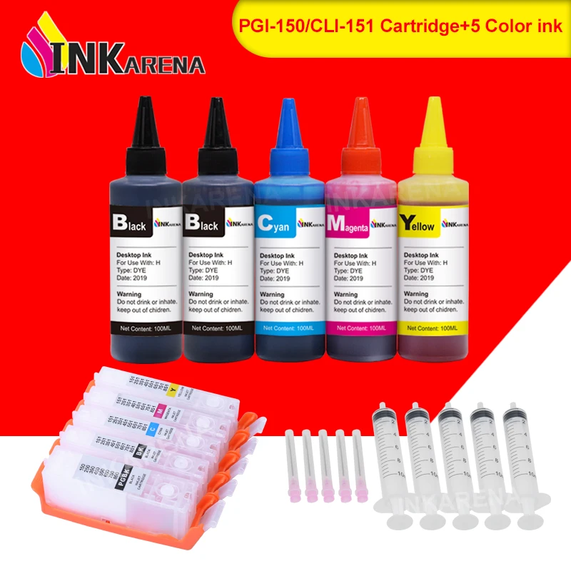 

INKARENA PGI-150 CLI-151 Printer Ink + 500ml Bottle Refill Ink For Canon PIXMA MG5410 MG5510 MG5610 MG6310 MG6410 MG6610 MG711