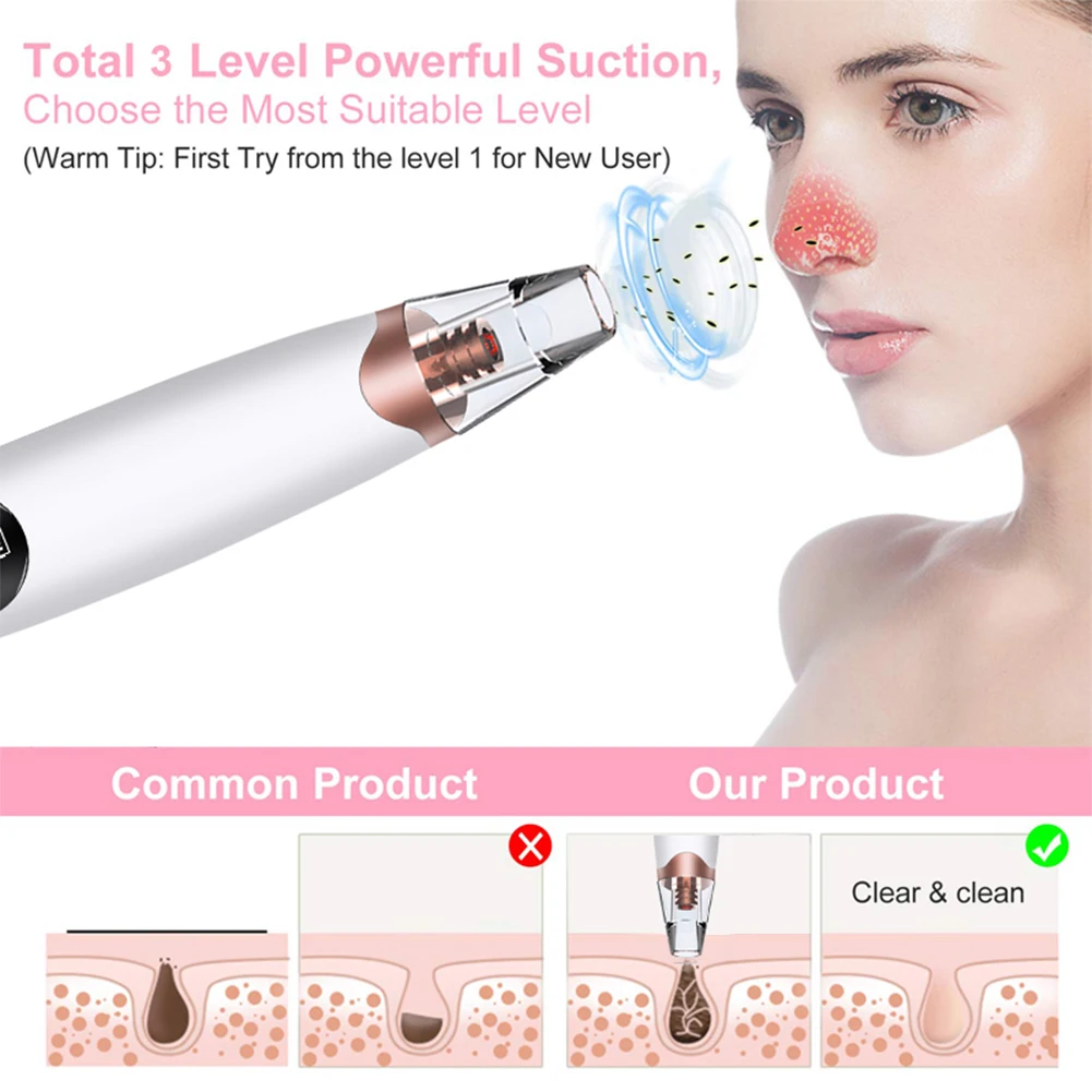 

Blackhead Remover Facial Pore Cleaner with 3 Suction Heads Rechargeable 3-Gear Vacuum Pore Extractor Skin Care Tool
