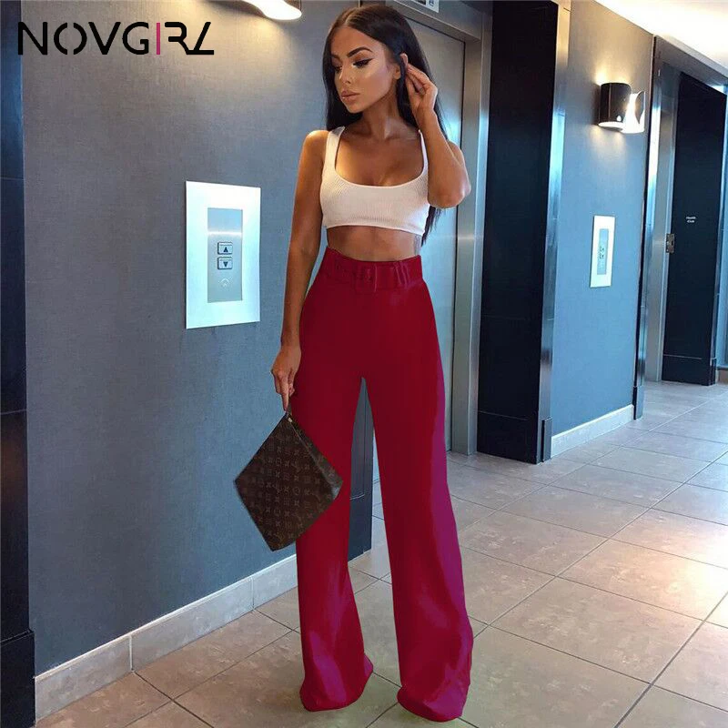Novgirl/женские прямые длинные неоновые зеленые черные брюки с поясом, расклешенные брюки с высокой талией, Летние повседневные свободные штаны OL - Цвет: Красный