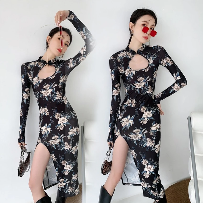 Платье в китайском стиле традиционное пикантное облегающее тонкое винтажное