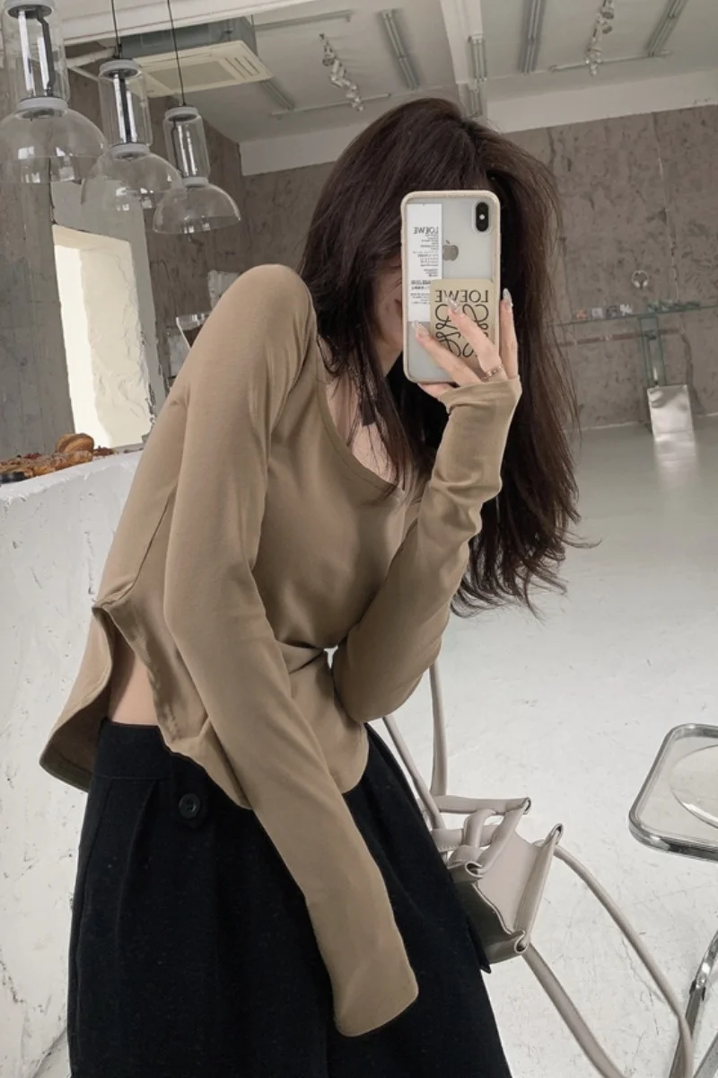 Женская футболка с длинным рукавом и U-образным вырезом в Корейском стиле | одежда