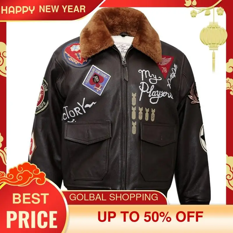 

2021 Dark Brown Military Style Aviation Leather Jacket Wool Collar Plus Size 3XL Genuine Thick Cowhide Winter Natural Pilot Coat