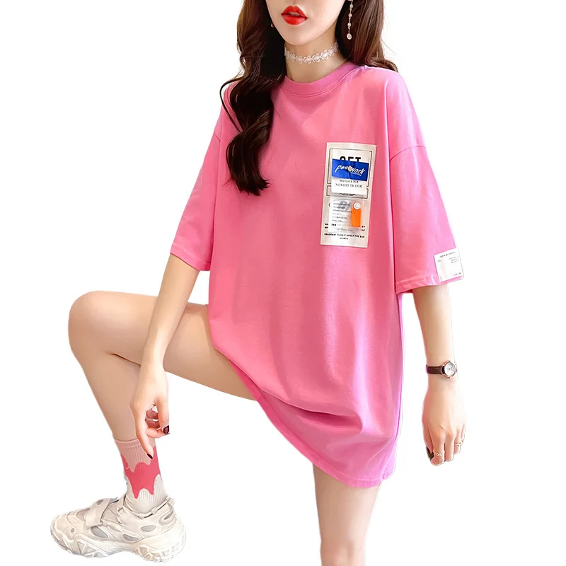 

Женская хлопковая футболка с коротким рукавом, свободная Однотонная футболка большого размера с принтом в Корейском стиле, C059, лето 2021