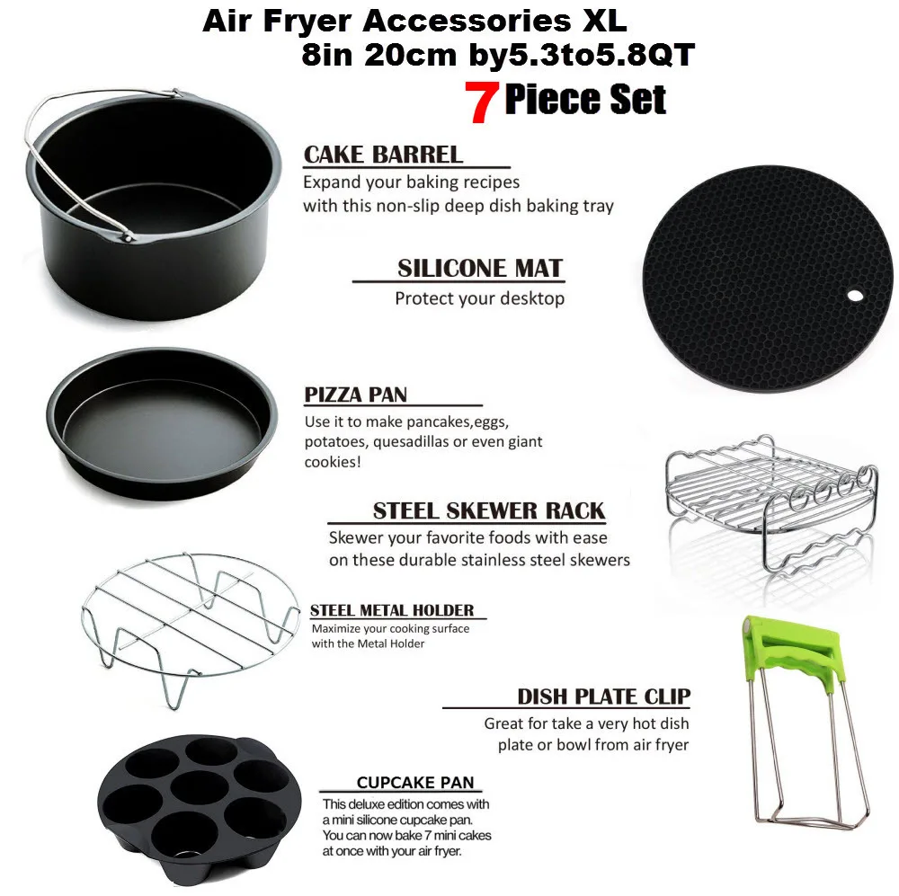 

Air Deep-Fried Pot Accessories 8in-Inch 7-Piece Set for 5.2-5.8qt Cake Basket. Pizza Pan. Double Layer Grill Rack.