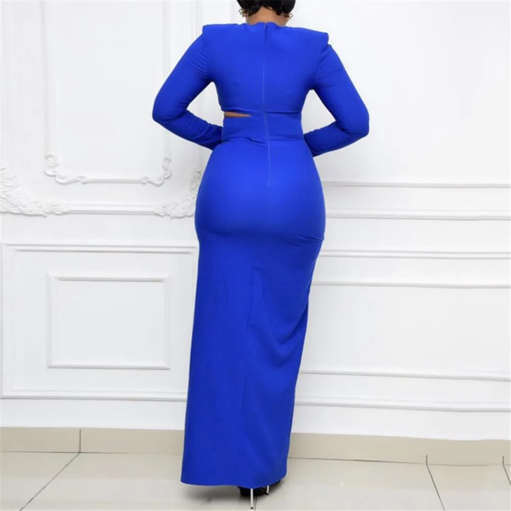 

Dress 2021 New Royal Blue Women Dress Patchwork Long Maxi Robe Party Club Sexy African Split Female Vestiods Belt Elegant