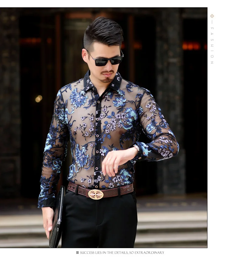 Chemise Hommesexy прозрачная Мужская рубашка из сетчатой ткани 4xl, роскошные Прозрачные рубашки для мужчин, вечерние рубашки с длинными рукавами и вышивкой