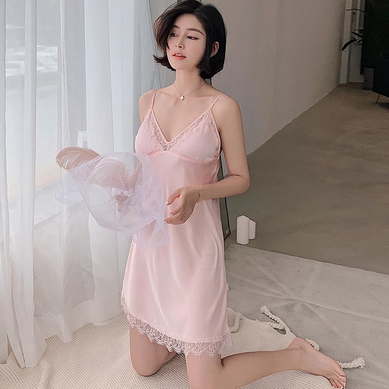 

Женская кружевная ночная рубашка, атласная ночная сорочка из искусственного шелка, Однотонная ночная рубашка на бретелях, домашняя одежда, ...