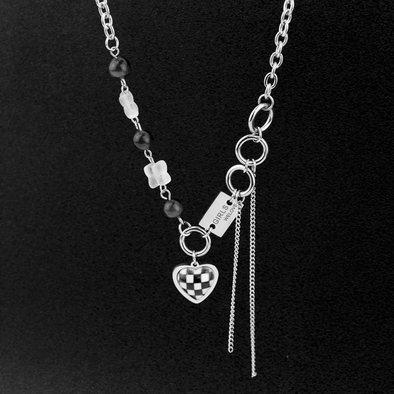 

Lattice Heart Pendant Stainless Steel Charm Necklace For Women Girl Jewelry Accessories Chain Tassel Letters Collares Para Mujer