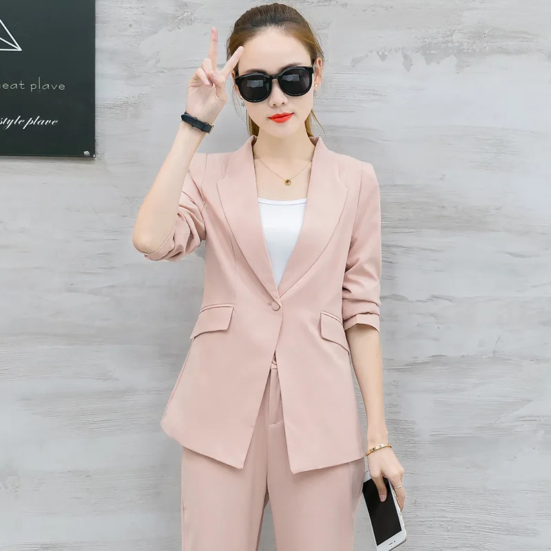 

New Women's Office Lady Two Pieces Sets Solid Elegant Women's Pants Suits Set Female Blazers And Full Length Trousers Suit W1895