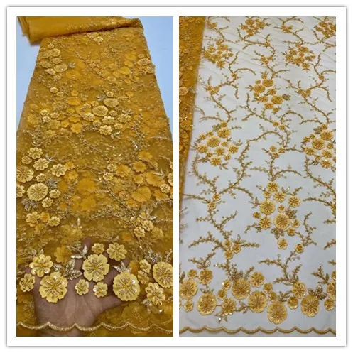

High Quality Soft Material 8K-1602 French Net Lace with Beads and Sequins Top Sales Embroidered Tulle Fabric for Bridal Dress