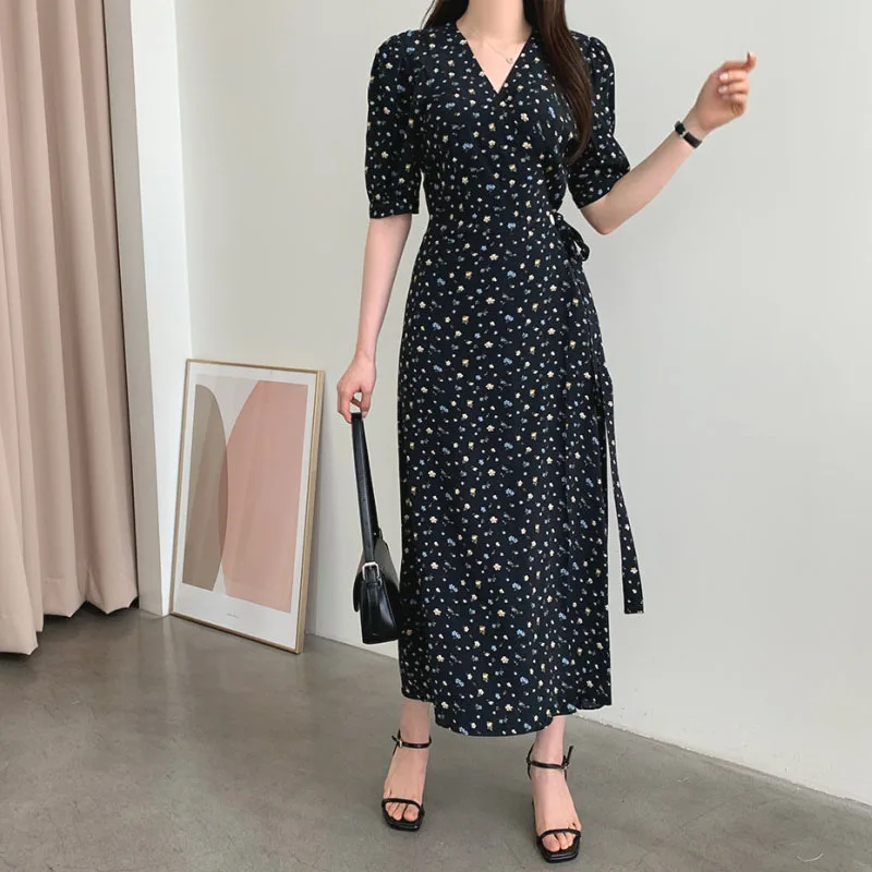 

Женское ТРАПЕЦИЕВИДНОЕ ПЛАТЬЕ, элегантное платье средней длины с коротким рукавом, поясом и цветочным принтом, в Корейском стиле, Новинка л...