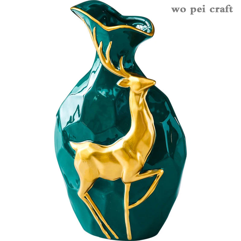 

Nordic Rustic Home Decor Ceramics Vases Relief Golden Deer Geometric Surface Vase Floral Flower Arrangement Porcelain Flower Pot