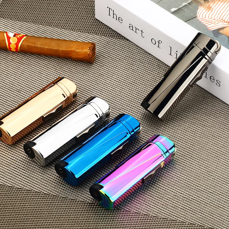 Portable Windproof Metal Lighter with Inflatable Grinding Wheel Switch and Three Straight Blue Flames - Ideal for Cigars, Welding, and More. image 3
