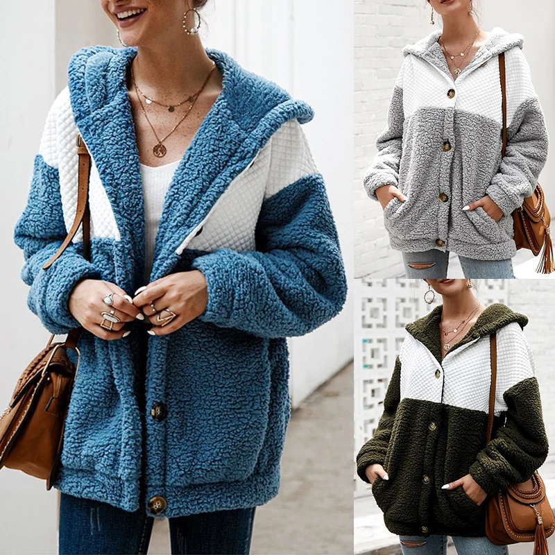

2019 Autumn Winter Women Fleece Jacket Fashion Oversize Plush Hooded Jacket Women Casual Button Street Outwear Hoody Teddy Coat