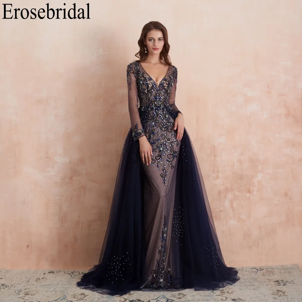 Женское вечернее платье Русалка Erosebridal с длинным рукавом и v образным вырезом