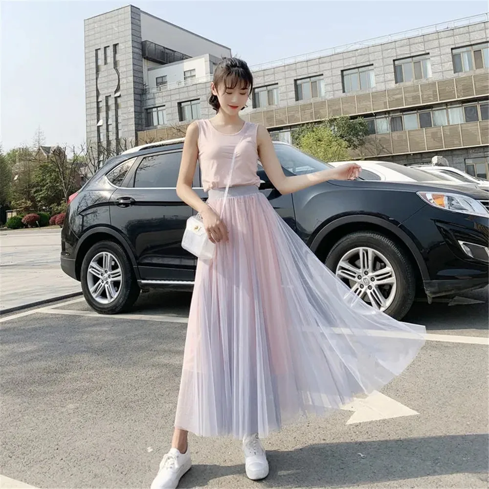 Юбка-пачка Женская плиссированная средней длины Тюлевая эластичная сетчатая с