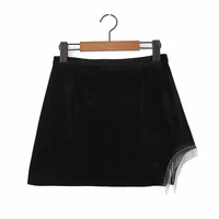 2021 fashion sexy black tassel decorated short style with high waist womens clothing new summer womens velvet mini skirt
