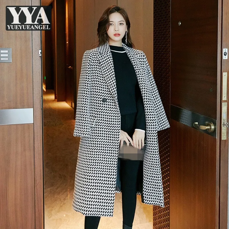 

Women Woolen Coat Medium Long Tweed Overcoat Elegant Office Ladies Plaid Windbreakers Jacket Sashes Slim Fit Fashion Outerwear