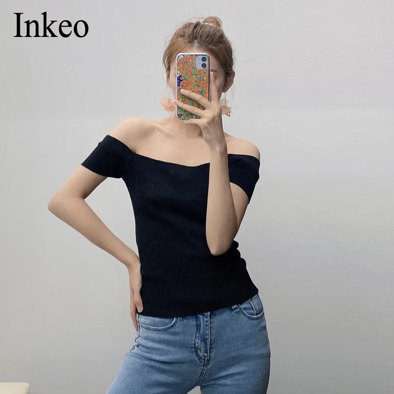 

Элегантный женский тонкий трикотажный топ, сексуальный Однотонный женский свитер с открытыми плечами и коротким рукавом, черные, белые, син...