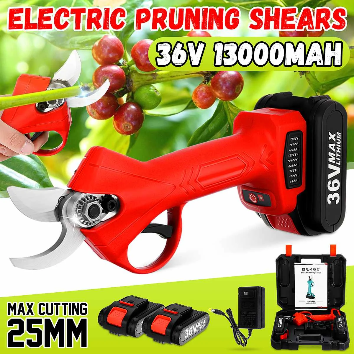 

36V Cordless Electric Pruning Shears 25mm Max Cutting Garden Pruner Secateur Branch Cutter with 2 Lithium-ion Battery US Plug
