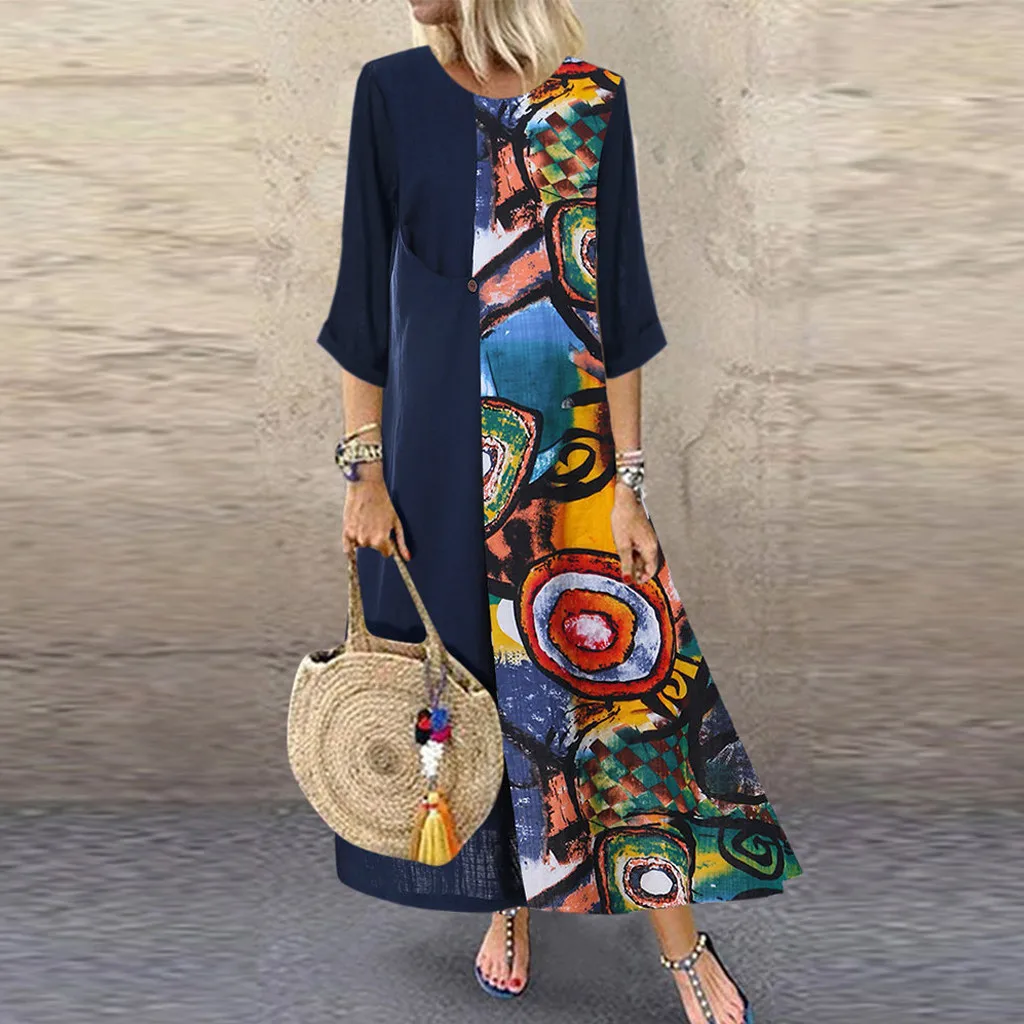 Женское винтажное платье с длинным рукавом круглым вырезом и принтом|Женские