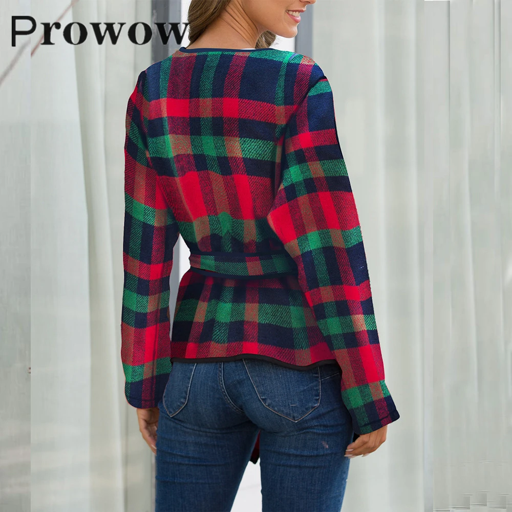 

Prowow Autumn Winter Fashion Plaid Slim Belt Blends Coats Female Casual Simple Streetwear Long Sleeve Cardigan Jackets Tops